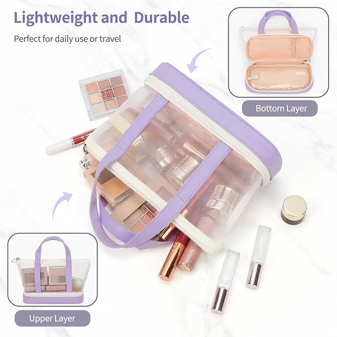Small Multi-Functional Makeup Bag for Teens and Women Cute Cosmetic Case with Zipper Pouch/Double Handle for Travel Daily Use Multi-Scene Storage - Perfect Christmas or Birthday Gift for Girls-Purple