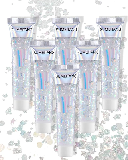 6 Pcs Clear White Face Body Glitter Gel，Holographic Chunky Sequins Body Glitter Paint for Party Singer Concerts Music Festival Rave Accessories for Girls Women Face Body DIY Sparkling Makeup