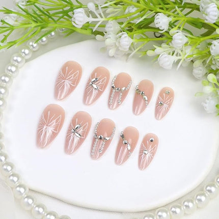 Almond Press on Nails Medium Fake Nails Nude Pink Nails Press ons with 3D Rhinestones Silver Pearl Designs Acrylic Nail Glossy Stick on Nail for Women 24 Pcs
