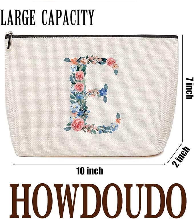 Initial Makeup Bag Monogrammed Travel Toiletry Bag Monogram Cosmetic Bag Birthday Christmas Bridal Shower Bridesmaid Gifts Personalized Gifts for Women Bride Teacher Boss Lady, Floral Letter E
