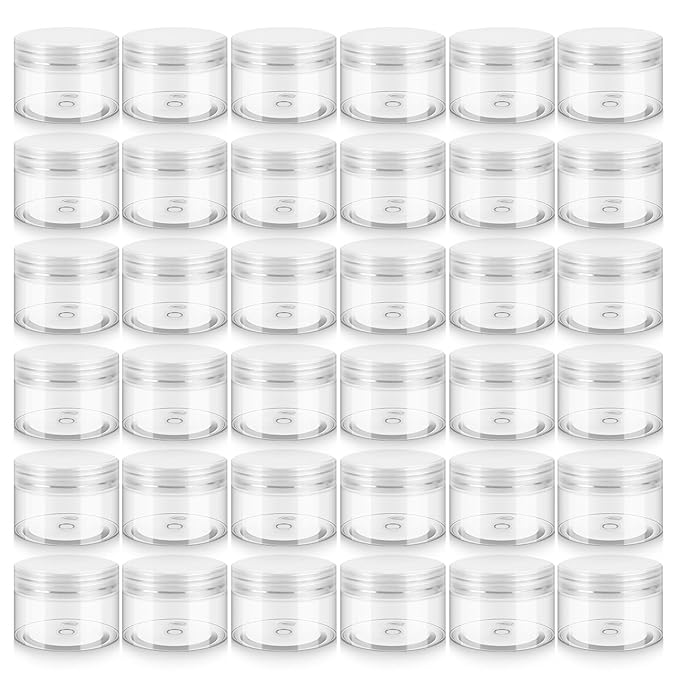 36 Pack 1 OZ Plastic Jars with Lids, BPA Free, Reusable, Refillable Transparent Cosmetic Containers for Bath Salts, Cosmetics, Powders, Beauty Product and Small Accessories, White