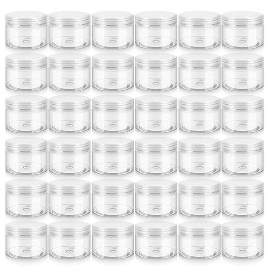 36 Pack 1 OZ Plastic Jars with Lids, BPA Free, Reusable, Refillable Transparent Cosmetic Containers for Bath Salts, Cosmetics, Powders, Beauty Product and Small Accessories, White