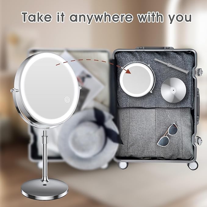 MILPROX 8 Inch Makeup Mirror with 10X Magnification & 3 Color Lights, Adjustable Brightness & Height, Rechargeable Double Sided 1X 10X Magnifying Mirror, Lighted Makeup Mirror Touch Sensor - Silver