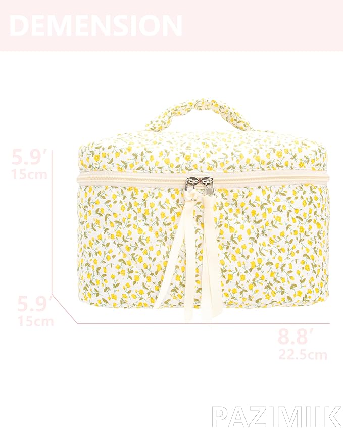 PAZIMIIK Quilted Makeup Bag Large Travel Zipper Soft Cosmetic Case for Women Girls Make Up,Floral Yellow