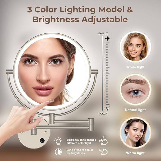 Rocollos 9" Plug-in Wall Mounted Lighted Makeup Mirror 1X/10X Magnification, Super Large Double Sided LED Vanity Mirror for Bathroom, 3 Color Dimmable 360°Swivel Extendable Shaving Cosmetic Mirror