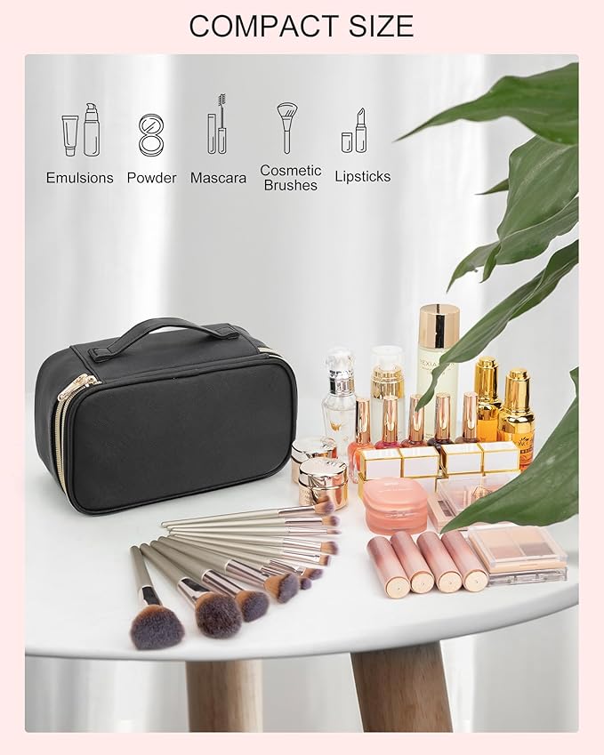 Relavel Small Makeup Bag, Makeup Brush Cosmetic Organizer, Portable 2 Layer Travel Makeup Organizer, Cosmetic Bag for Women, Handbag Purse Pouch, Compact Capacity for Daily Use (Black)