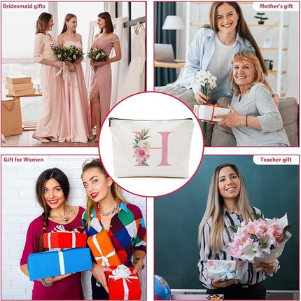 Pink Monogram Makeup Bag, Initial H, Cosmetic Bag Personalized Travel Organizer Bags Makeup Pouch, Monogrammed Gifts for Women Girls Friend Sisters Nurse Bridesmaid Wedding Bridal Shower Gifts