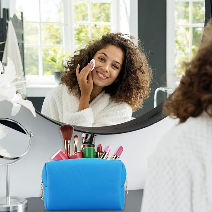 Sanwuta 9 Pcs Makeup Bags Bulk PU Double Zippers Cosmetic Bag Makeup Toiletry Pouch Portable Travel Organizers Case for Women Bachelorette Party End of The Year Bridesmaid Gift(Blue)