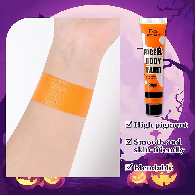 Orange Face Body Paint - Professional Water-Based Non-Toxic Body Painting for Pumpkin Tiger Halloween SFX Cosplay, Full Coverage Washable Cream for Costume Party Theater Stage Performance