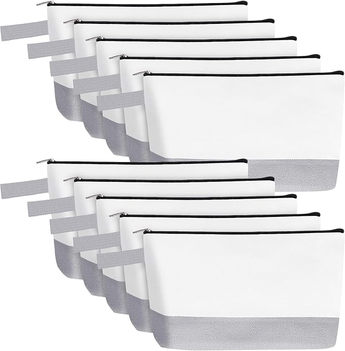 10 Pieces Cotton Canvas Makeup Bag with Bottom and Strap, Multi-Purpose Cosmetic Bag with Zipper Travel Toiletry Pouch, Blank DIY Craft Bag (White&Grey, M)