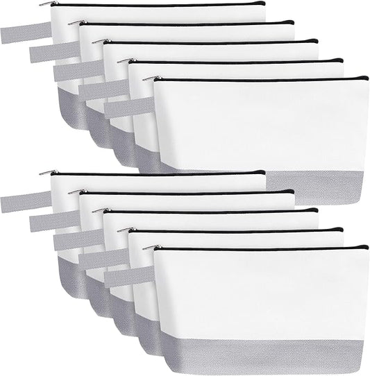 10 Pieces Cotton Canvas Makeup Bag with Bottom and Strap, Multi-Purpose Cosmetic Bag with Zipper Travel Toiletry Pouch, Blank DIY Craft Bag (White&Grey, M)