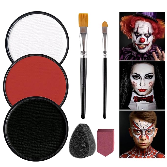 Black + White + Red Face Body Paint, Water-Based Face Painting Kit Professional, Large Capacity SFX Makeup Set with brush & Powder puff, Sponge for Halloween Makeup Clown, Cosplay, Stage