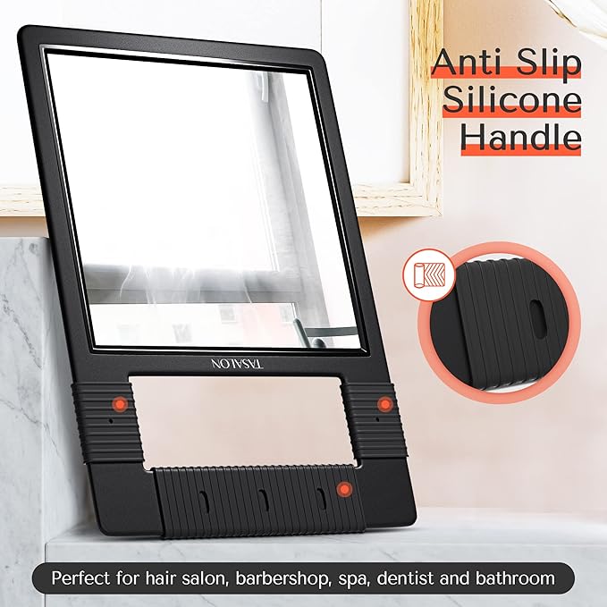 TASALON Hand Mirror, Handheld Mirror Unbreakable Shatterproof with Silicone Handle for Barber, Shower, Makeup and Salon - Black