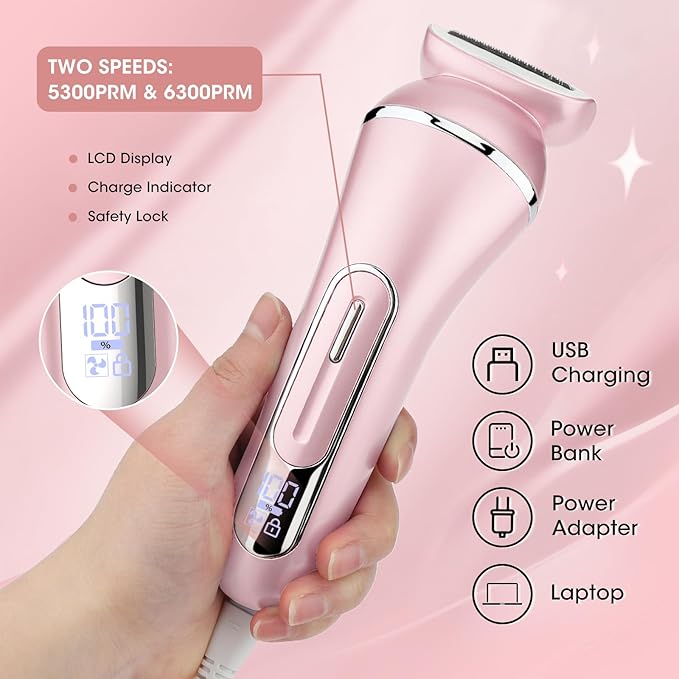 Electric Shavers for Women, 7 in 1 Hair Removal Kit with Epilator Bikini Trimmer Face Razor Body Brush Face Massager Foot Callus Remover, IPX7 Waterproof Lady Razors Set for Legs Armpit Bikini Pubic