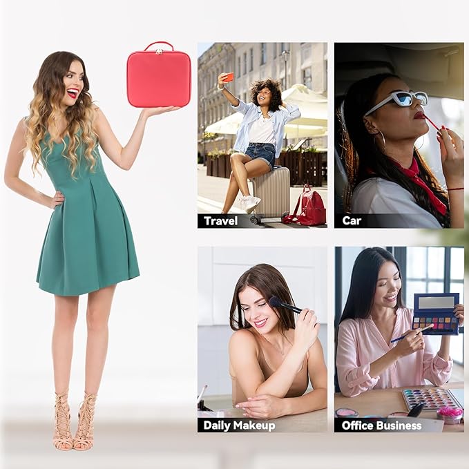 Travel Makeup Bag with LED Mirror and 10x magnifying glass with 3 Lighted Settings, Adjustable Dividers and Makeup Brush Storage Bag Light Red