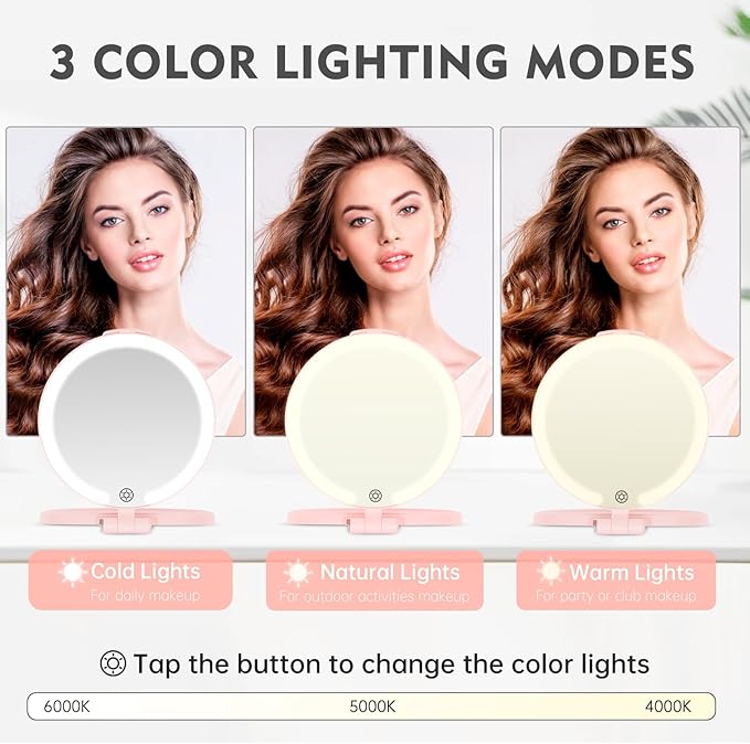 FUNTOUCH Travel Mirror with Light, 10X 1X Double Sided Magnification Makeup Vanity Mirror Rechargeable Lighted Mirror with 3 Color Setting Adjustable Rotation LED Vanity Desk Mirror,Pink