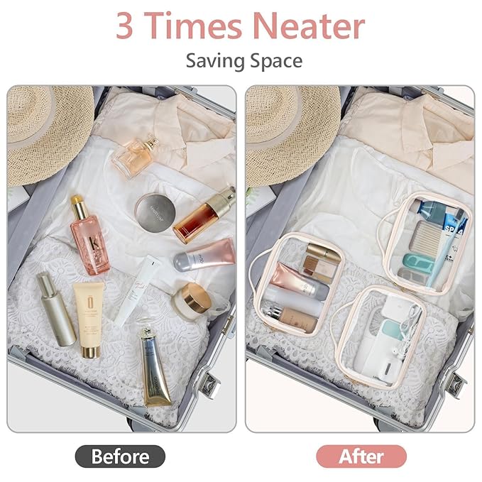 PACKISM Floral Texture TSA Approved Toiletry Bag - 180° Large Opening Clear Makeup Bags with Handle, Easily Access, Quart Size Travel Bag TSA Approved, Thick Non-deformable No Smell, Beige