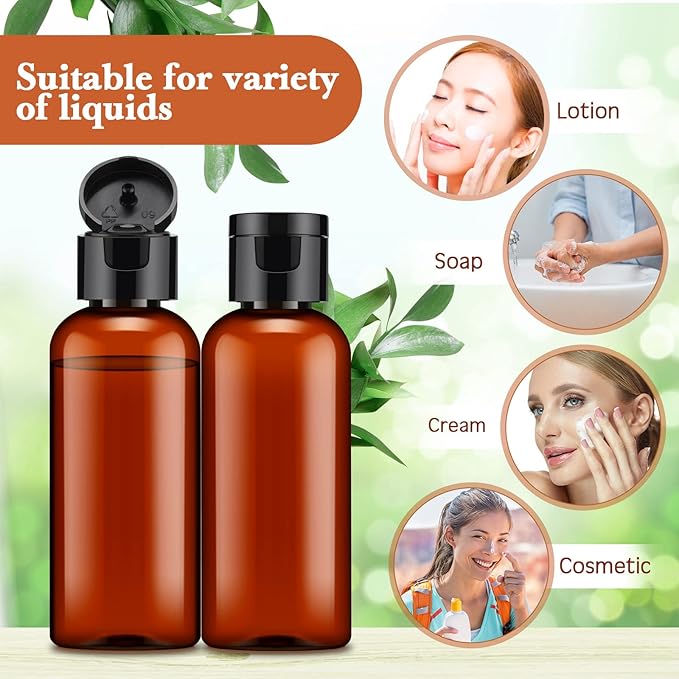 Eccliy 100 Pack 2 oz Travel Bottles Plastic Bottles with Lids Refillable Travel Size Cover Cap Plastic Liquid container for Toiletries Lotions Shampoo Creams Dispensing with 5 Funnels(Brown)