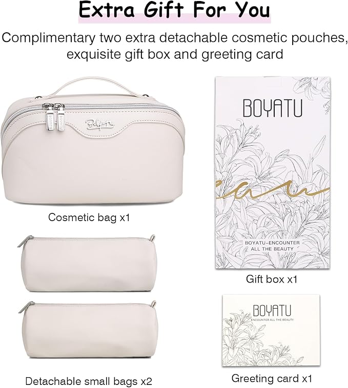 BOYATU Travel Makeup Bags for Women: Vegan Leather Cosmetic Bag Set of 3 - Large Capacity Make up Bag with Divider - Wide Open Waterproof Toiletry Organizer Bag with Handle (05-Off-White)