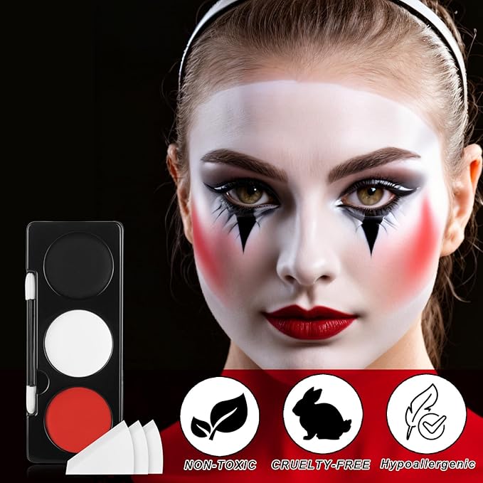 Black White Red Face Paint + 3PC Sponge + Brush,3 Colors Body Paint Halloween SFX Makeup Kit for Devil Goths Joker Clown Vampire Skeleton,Eye Black for Baseball/Softball/Football,21g