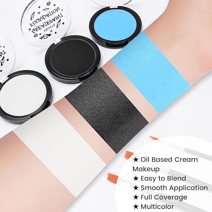 Light Blue Black White Oil Based Face Paint Kit with Painting Brushes, Professional Full Coverage Greasepaint for Adults Halloween Cosplay SFX Sally Corpse Bride Makeup Carnival Theater