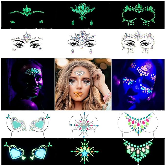 6Sets Noctilucent Face Gems Blacklight Body Stickers Glow in The Dark Lumino Face Jewels Fluorescent face Tattoo Crystals Rhinestone Sticker Body Jewelry Party Accessories for Halloween