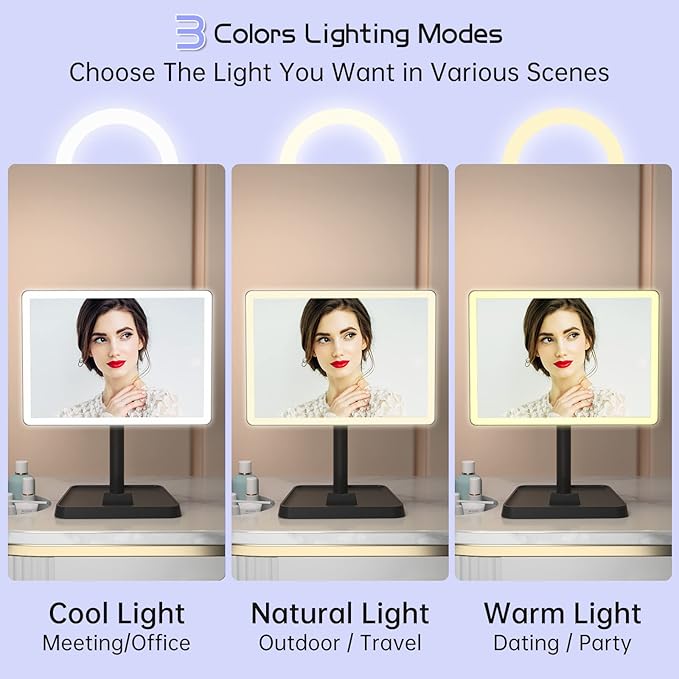 FUNTOUCH Rechargeable Makeup Vanity Mirror with Lights, Large Lighted Desk Makeup Mirror with 96 LED Lights and 10x Magnifying, 3 Color Lighting, Make up Light Mirror with Phone Holder