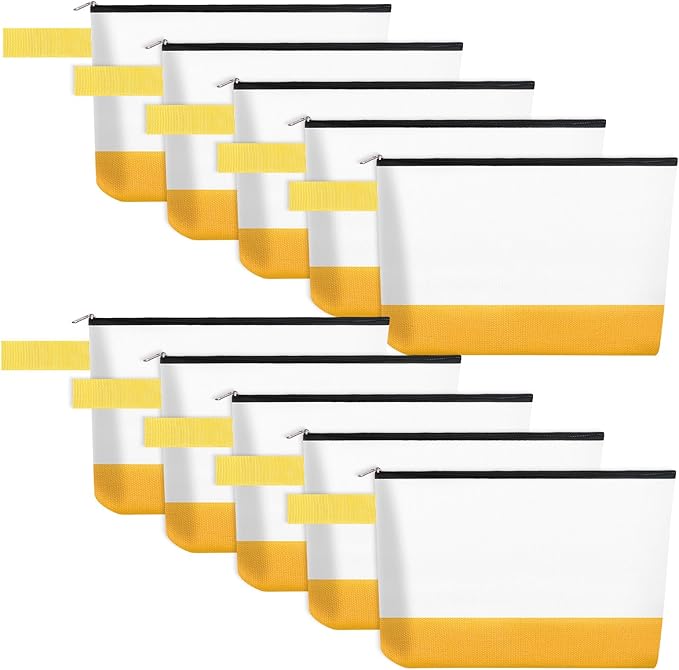 10 Pieces Cotton Canvas Makeup Bag with Bottom and Strap, Multi-Purpose Cosmetic Bag with Zipper Travel Toiletry Pouch, Blank DIY Craft Bag (White&Yellow, S)