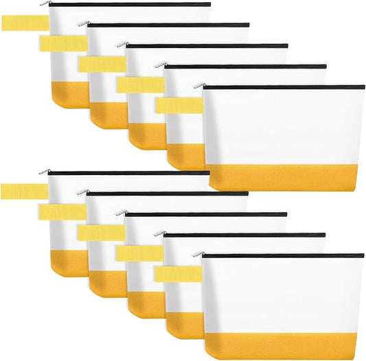 10 Pieces Cotton Canvas Makeup Bag with Bottom and Strap, Multi-Purpose Cosmetic Bag with Zipper Travel Toiletry Pouch, Blank DIY Craft Bag (White&Yellow, S)