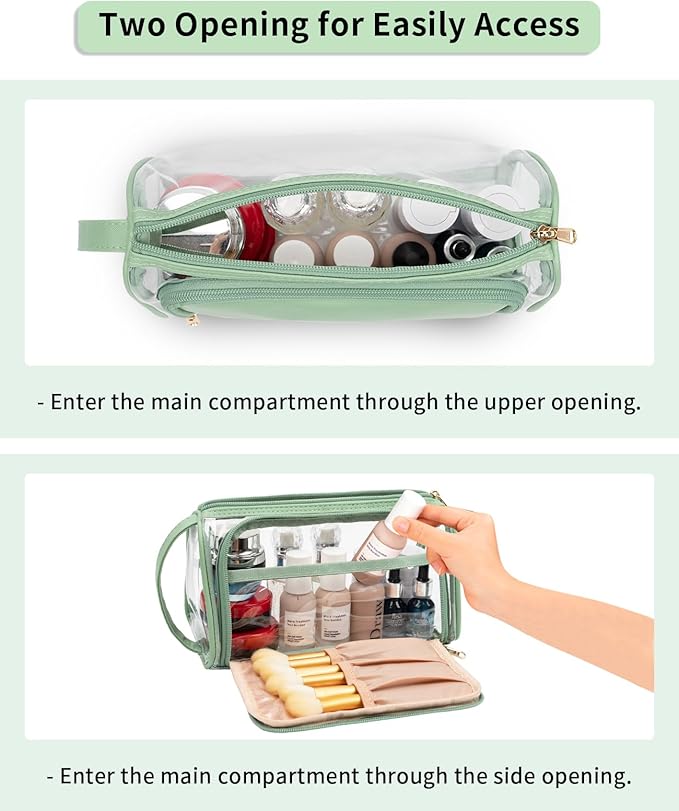 CUBETASTIC Clear Cosmetic Bags, Transparent Plastic Makeup Zipper Pouch Travel Makeup Up Organizer Case, Portable Cute Small Toiletry Bag with Handle and Side Compartment, Green