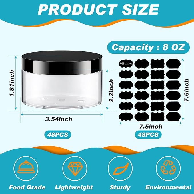 Uiifan 48 Pcs 8 oz Plastic Jars with Lids &labels, Empty Refillable Cosmetic Leak Proof Containers for Cream Body Butters Powder Ointment Lip Scrub(Clear with Black Lids)