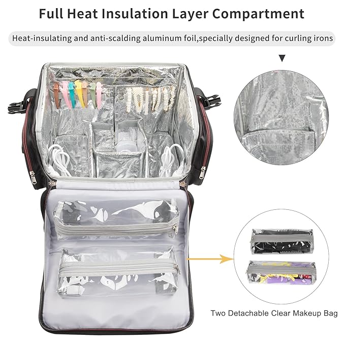 Large Makeup Train Case,Cosmetic Makeup Case for Hairstylist, Hairdresser Bag with Detachable Pouch,Heat Insulation and Anti-scalding Full layer for Hairdressing Tool Organizer Trolley with wheels