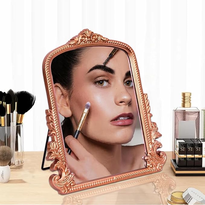 Rose Gold Makeup Mirror, Small Standing Vanity Desk Mirror Decorative Ornate Arched Desk Mirror with Carved Wood Frame, for Bedrooms,Living Rooms Table Top and Salon 11.8" x 9.6"