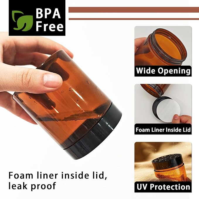 12 Pack 8 oz Amber Plastic Jars with Lids and Labels, Refillable Round Empty Brown Cosmetic Containers, Reusable Leak Proof Airtight Jars for Lotion Cream Body Butter Ointment Travel Storage