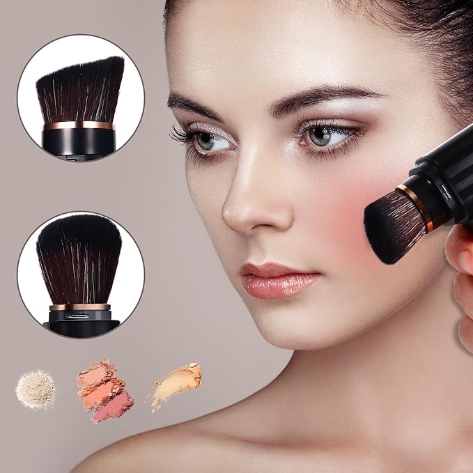 Vtrem Retractable Travel Makeup Brush: Black Kabuki Double-Ended Foundation Blush Brushes Mini Compact Face Brush with Cover Highlighter Flawless Powder Cosmetics