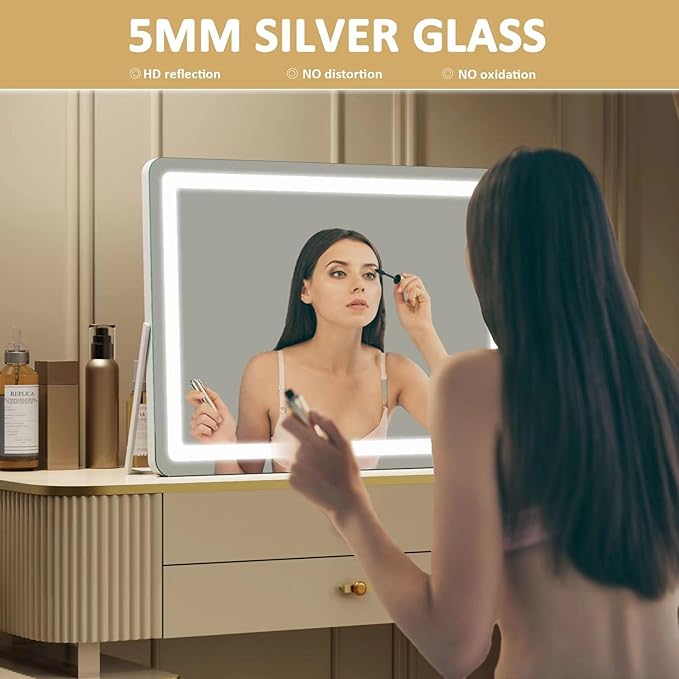 Ligheted Vanity Mirror with Lights, 14" x 10" LED Makeup Mirror, 3 Modes Light, Smart Touch Control Dimmable, 360°Rotation, Rectangle White Frame