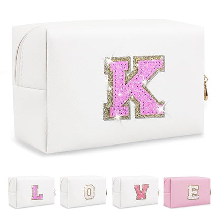 Small Initial Patch Makeup Bag Personalized Gifts Make Up Bag,White Cute PU Leather Glitter Letter Cosmetic Bag with Zipper,Trendy Portable Travel Toiletry Pouch,Preppy Stuff for Teen Girls Women K