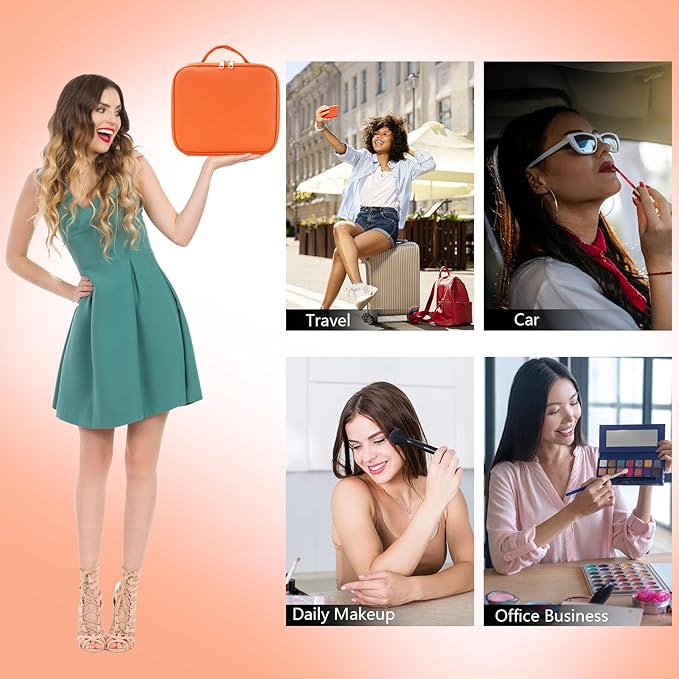 Travel Makeup Bag with LED Mirror Travel Makeup Organizer with 3 Lighted Settings, Adjustable Dividers and Makeup Brush Storage Bag Orange