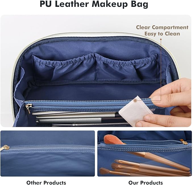 Prite Travel Cosmetic Bag Makeup Organizer Bag For Women Large Capacity Waterproof PU Leather Toiletry Bag with Handle and Clear Divider(Blue Flower)