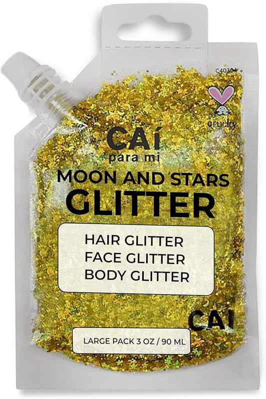 Face, Body & Hair Glitter Gel – Halloween Glitter for Kids and Women – 3 Oz Cosmetic-Grade Gel w/Moon & Stars for Festivals & Halloween Party, Easy Apply & Wash Off - Gold 1Pack