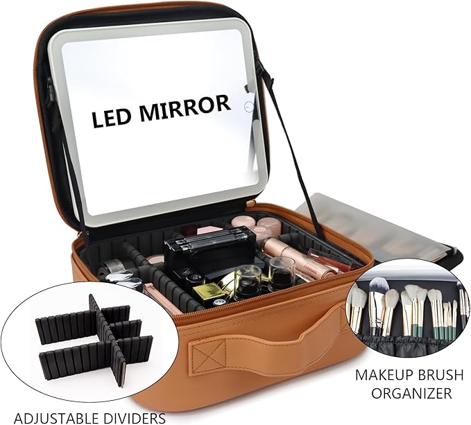 Travel Makeup Bag with LED Mirror Travel Makeup Organizer with 3 Lighted Settings, Adjustable Dividers and Makeup Brush Storage Bag Orange-Brown