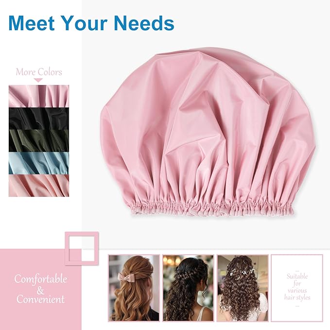 Shower Cap for Women, Double Layer Waterproof Bath Cap, Reusable Hair Protector, Large Waterproof Shower Bonnet Washable Elastic Band Bath Hair Hat for Long Hair, Braids， - Pink