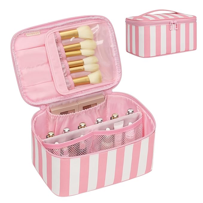 OCHEAL Makeup Bag,Travel Makeup Organizer Bag, Large Capacity Cosmetic Bags For Women Large Travel Toiletry Bag Girls Traveling With Brush Slot And Divider-Stripes Pink