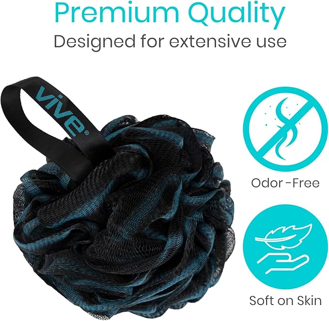 Vive Loofah Sponge Replacement (4 Pk) Shower & Bath Pouf Scrubber for Back & Body Exfoliation, Works with Vive Interchangeable Loofa Handle Long Brush (Replacement Sponge Black and Blue (4 Pack), 4)