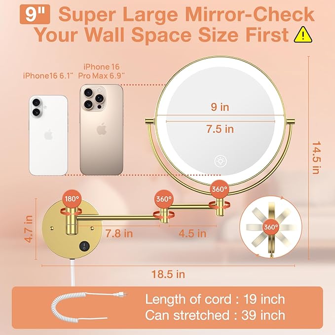 Benbilry 9" Large Wall Mounted Lighted Makeup Mirror, 1X/10X Magnifying 2-Sided AC Plug-in Powered Bathroom Mirror with 3 Color Lights, Touch Dimmable, Extended Arm 360° Rotation, Gold