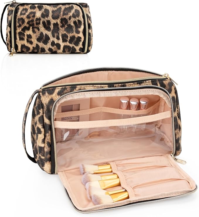 Travel Makeup Bag, Leopard Print Cosmetic Bag, Portable Make Up Organizer Bag with Side Handle, Roomy Makeup Pouch for Purse