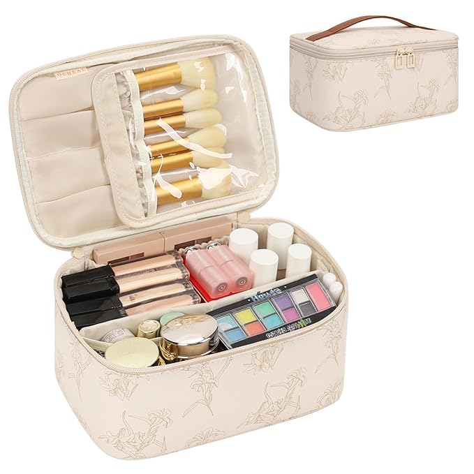 OCHEAL Makeup Bag for Women - Travel Cosmetic Organizer with Brush Slot & Divider, Large Capacity Toiletry Bag for Girls, Travel Makeup Case for everyday Make up Accessories -Beige floral