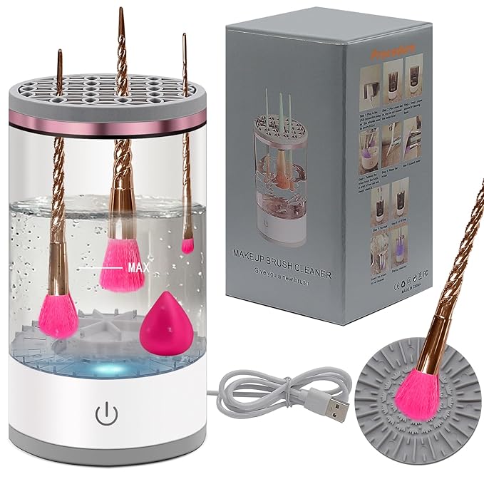 Electric Makeup Brush Cleaner Machine: Portable Face Beauty Brushes Cleaning Blender with Silicone Holder, Facial Care Tool Washer, Sponge Washing Device, Girls Travel Cosmetic Organizer (White)