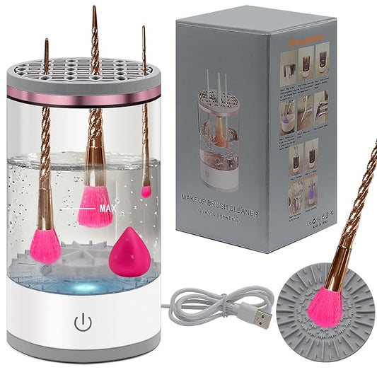 Electric Makeup Brush Cleaner Machine: Portable Face Beauty Brushes Cleaning Blender with Silicone Holder, Facial Care Tool Washer, Sponge Washing Device, Girls Travel Cosmetic Organizer (White)