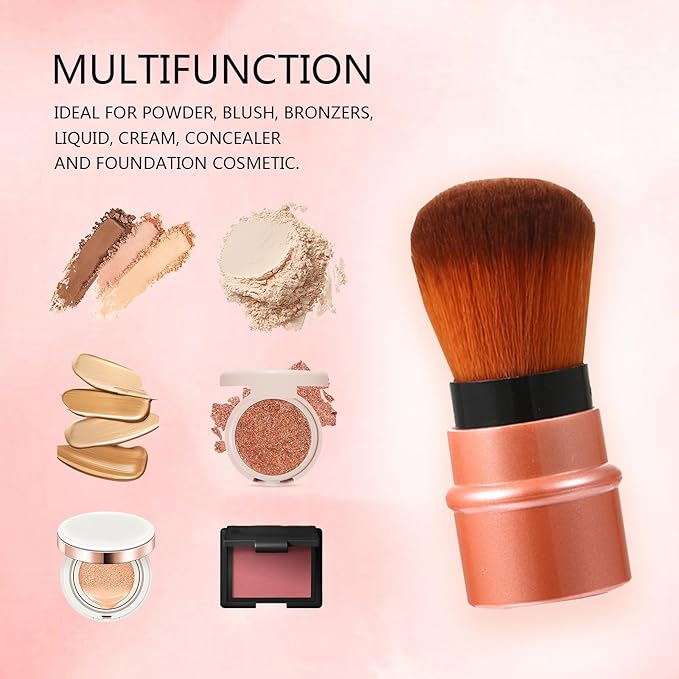 Vtrem 3 Colors Retractable Makeup Brush Travel Blush Brushes Kabuki Foundation Brush Portable Face Powder Brush Mini Makeup Brush Set with Cover, Red/Black/Brown
